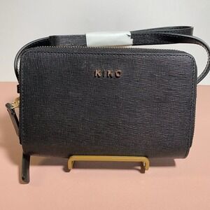 KIKO Crossbody Bag‎ Black Saffiano Texture Gold Logo Zip Around OS